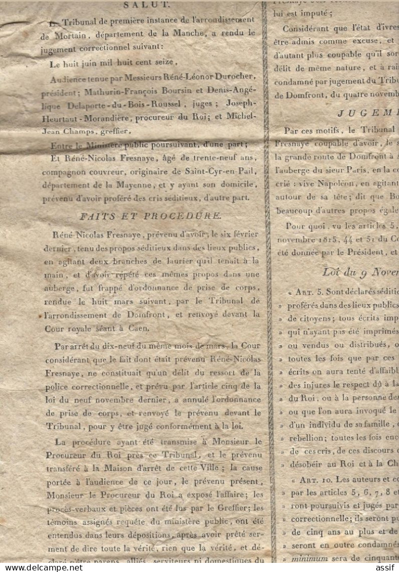 Affiche 1816 Mortain Cris Séditieux " Vive Napoléon ! "  2 Ans De Prison Pour  .. De Fraisnaye . De Saint Cyr  En Pail - Afiches