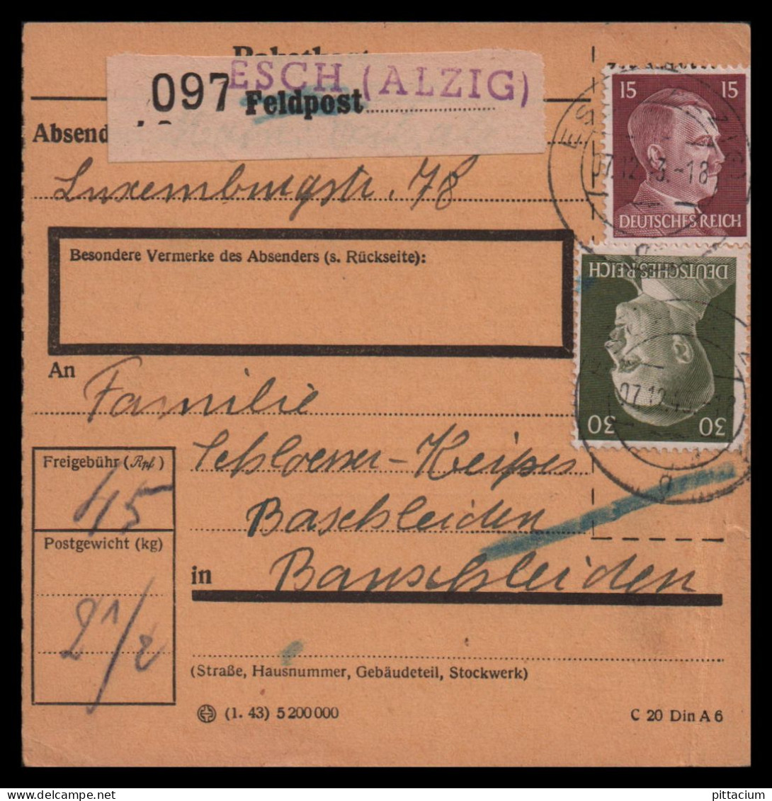 Luxemburg 1943: Paketkarte  | Besatzung, Absenderpostamt, Bezirksämter | Esch An Der Alzette;Esch-sur-Alzett, Bauschleid - 1940-1944 Deutsche Besatzung