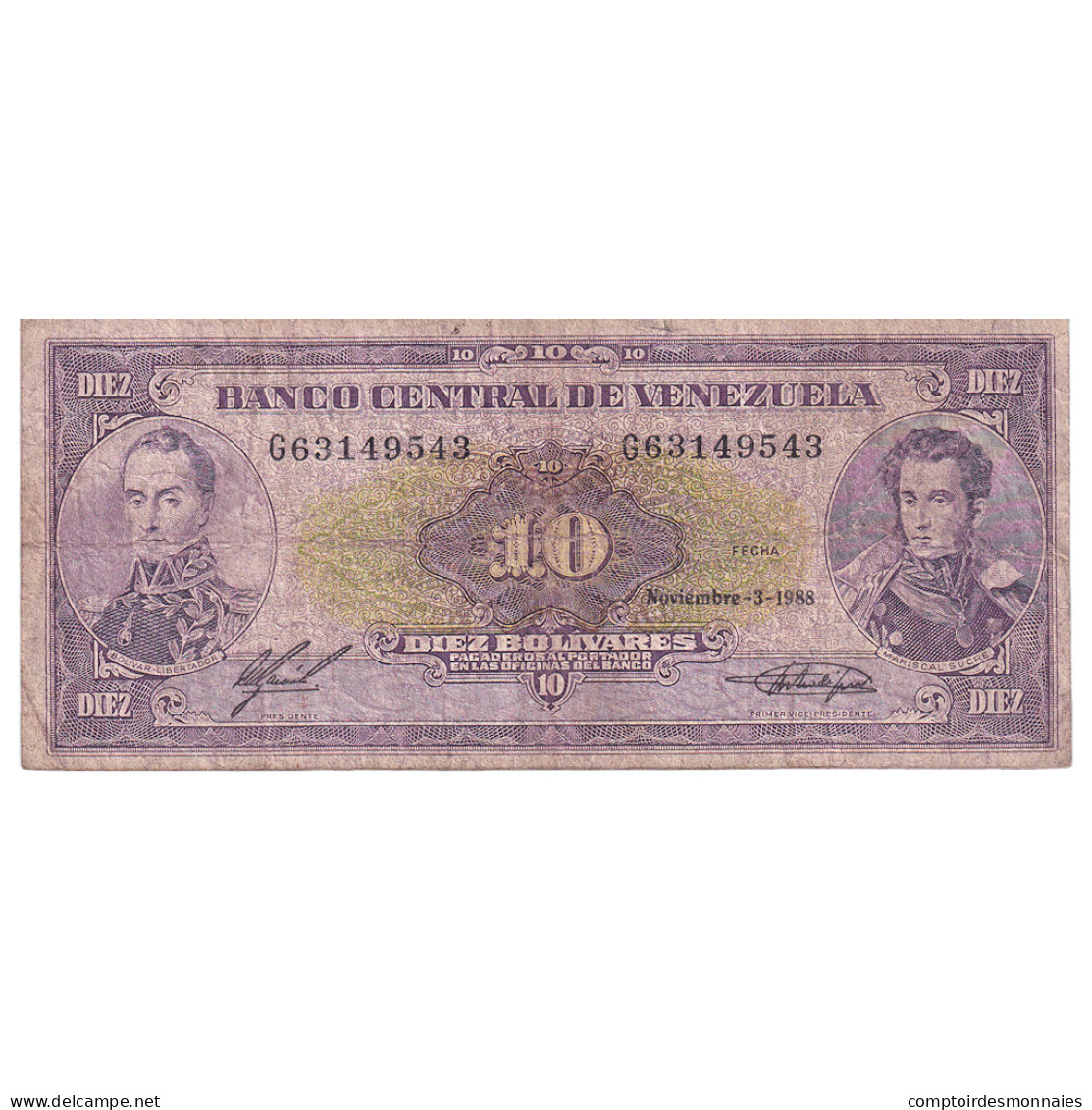 Billet, Venezuela, 10 Bolívares, 1988, 1988-11-03, KM:61d, B+ - Venezuela