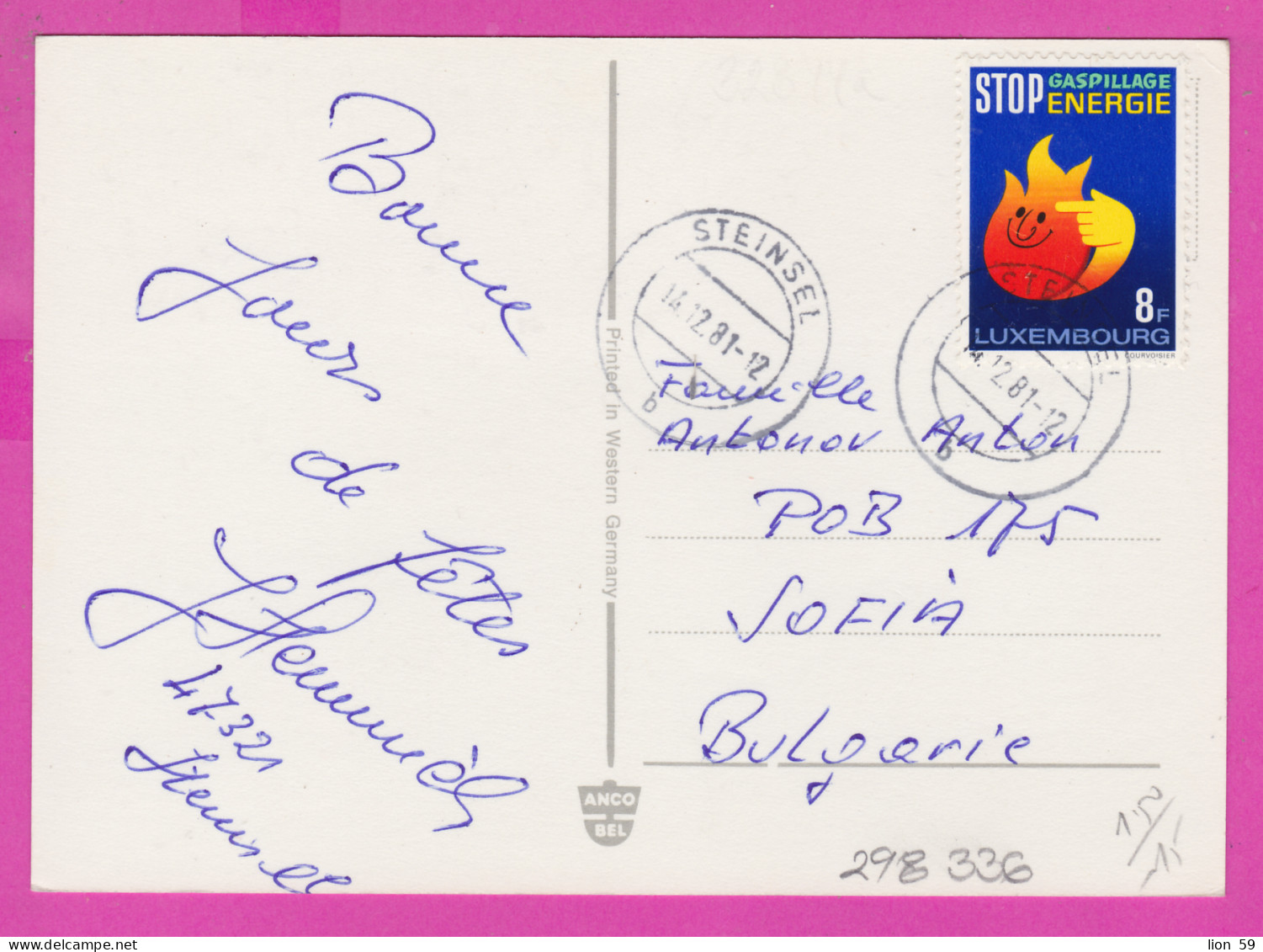 298336 / Luxembourg Photo Christmas New Year PC USED Steinsel 1981 - 8 F. Energy Conservation Stop Gaspillage Energie - Storia Postale
