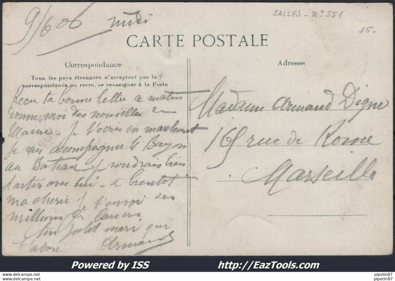 FRANCE N°129 SUR CP CAD MARITIME MARSEILLE LIGNE D'ALGER DU 10/06/1906 - Briefe U. Dokumente