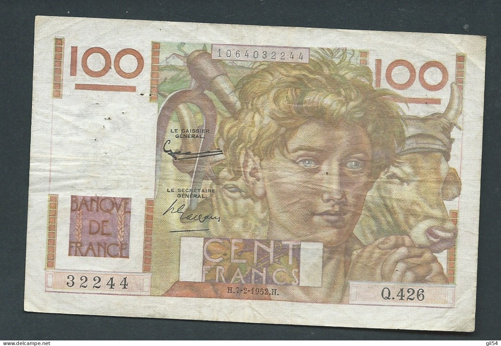 FRANCE 100 FRANCS JEUNE PAYSAN  - 7/2/1952 -- 32244 Q.426 - LAURA 12304 - 100 F 1945-1954 ''Jeune Paysan''