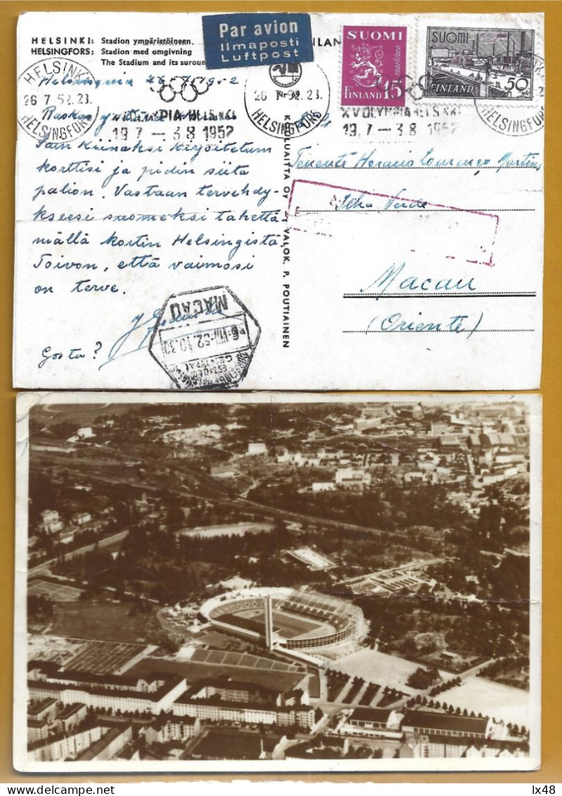 Circulated Postcard For Macau With 1952 Olympic Games Banner. Postcard Censored Macao. Verso Stadium Helsinki. Very Rare - Verano 1952: Helsinki