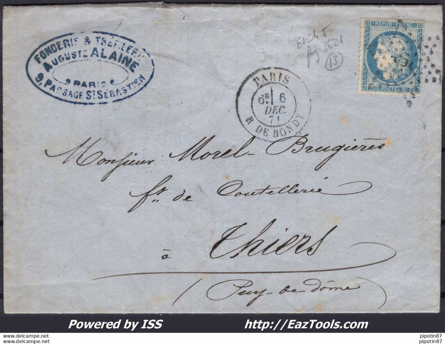 FRANCE N°60A SUR LETTRE ETOILE 5 + CAD DU 06/12/1871 VARIÉTÉ BARRE VERTICALE CASSÉE REF POTHION 3621 - 1871-1875 Cérès