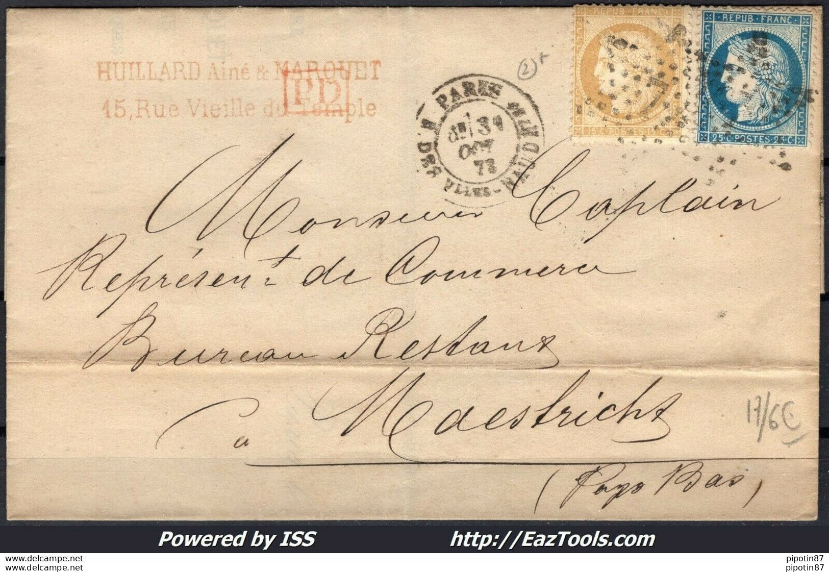 FRANCE N° 59+60A SUR LETTRE POUR MAASTRICHT ETOILE DE PARIS 7 +CAD R DES VLLES HAUDRTES DU 31/10/1873 - 1871-1875 Ceres