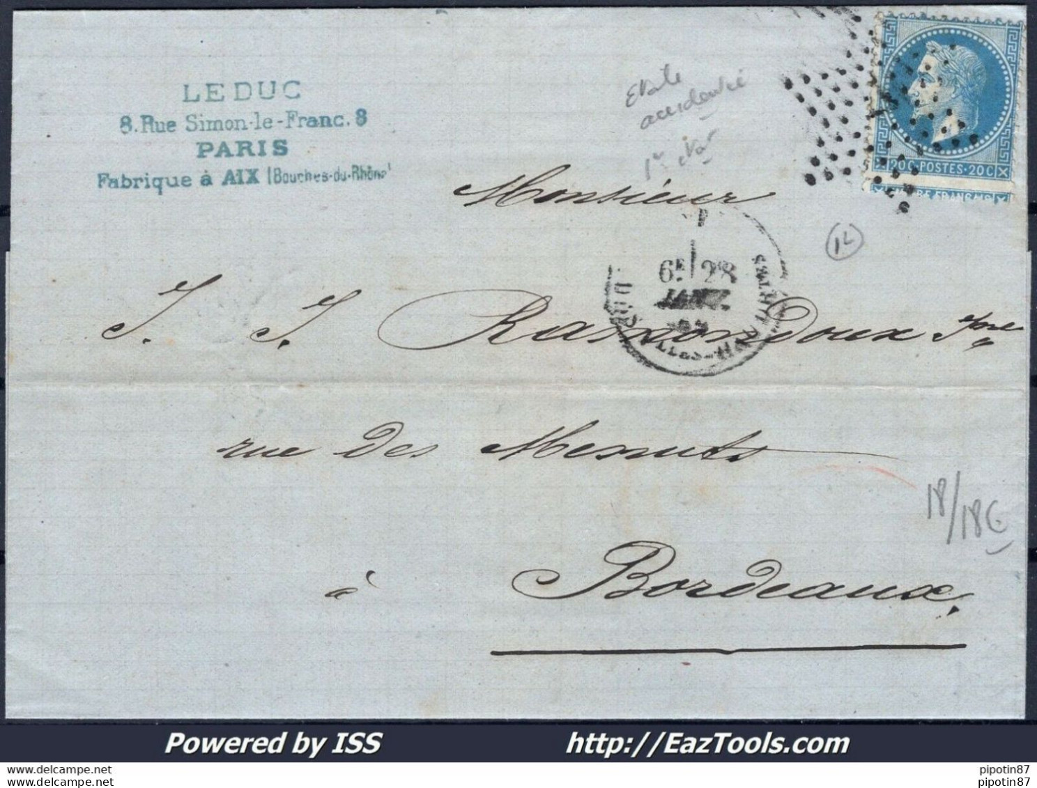 FRANCE N°22 SUR LETTRE POUR BORDEAUX ETOILE 7 + CAD DU 28/01/1869 PETIT 7 REF POTHION 3657 1ER ETAT - 1863-1870 Napoléon III Con Laureles