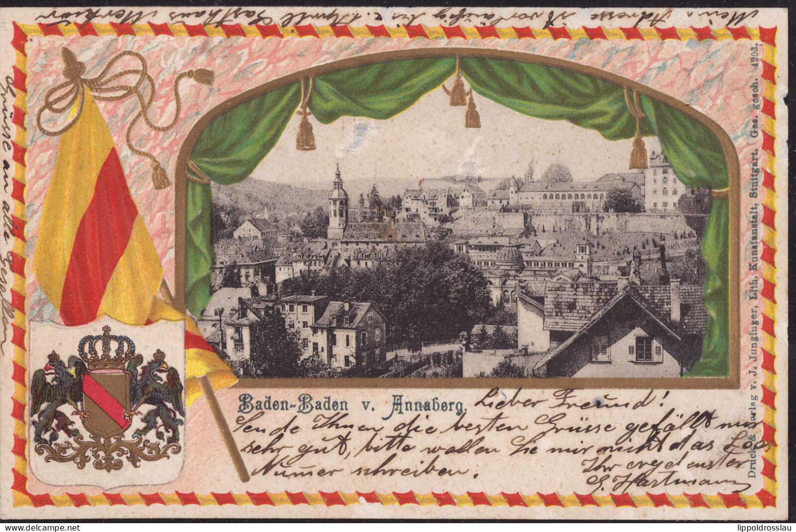 Gest. W-7570 Baden-Baden Blick Zum Ort Wappen-Prägekarte 1909, Randkerbe 2mm - Baden-Baden