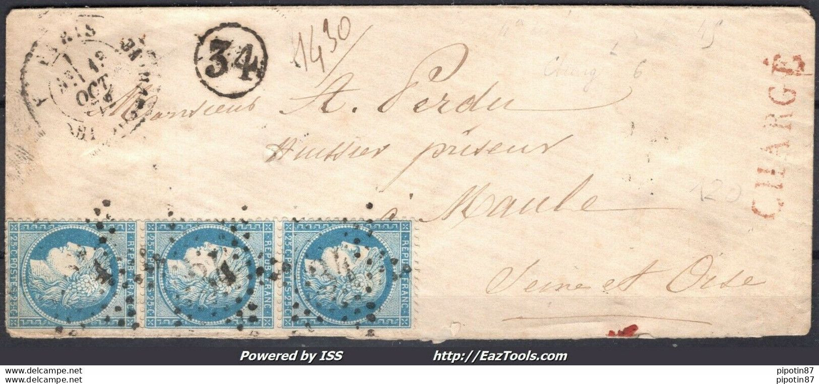 FRANCE BANDE DE 3 N° 60A SUR LETTRE DE PARIS ETOILE 34 + CAD PARIS RUE JOSEPHINE 13/10/1872 - 1871-1875 Ceres