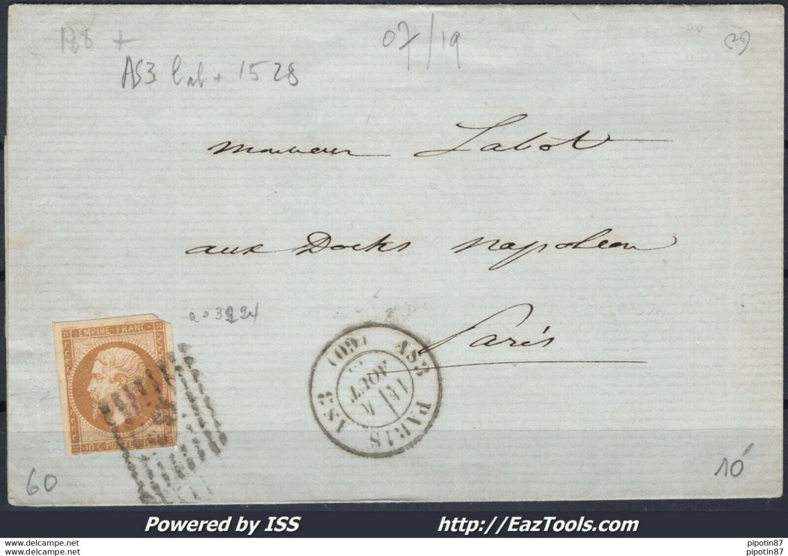 FRANCE N° 13A SUR LETTRE POUR PARIS DE PARIS BUREAU AS3 + CAD DU 04/08/1860 - 1853-1860 Napoléon III.