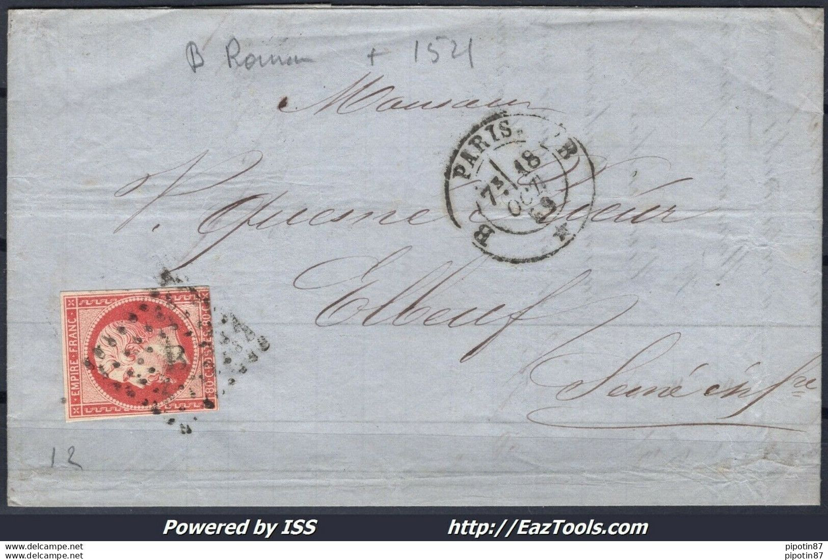 FRANCE N° 17A SUR LETTRE POUR ELBOEUF DE PARIS BUREAU B ROMAIN + CAD DU 18/10/1859 - 1853-1860 Napoléon III