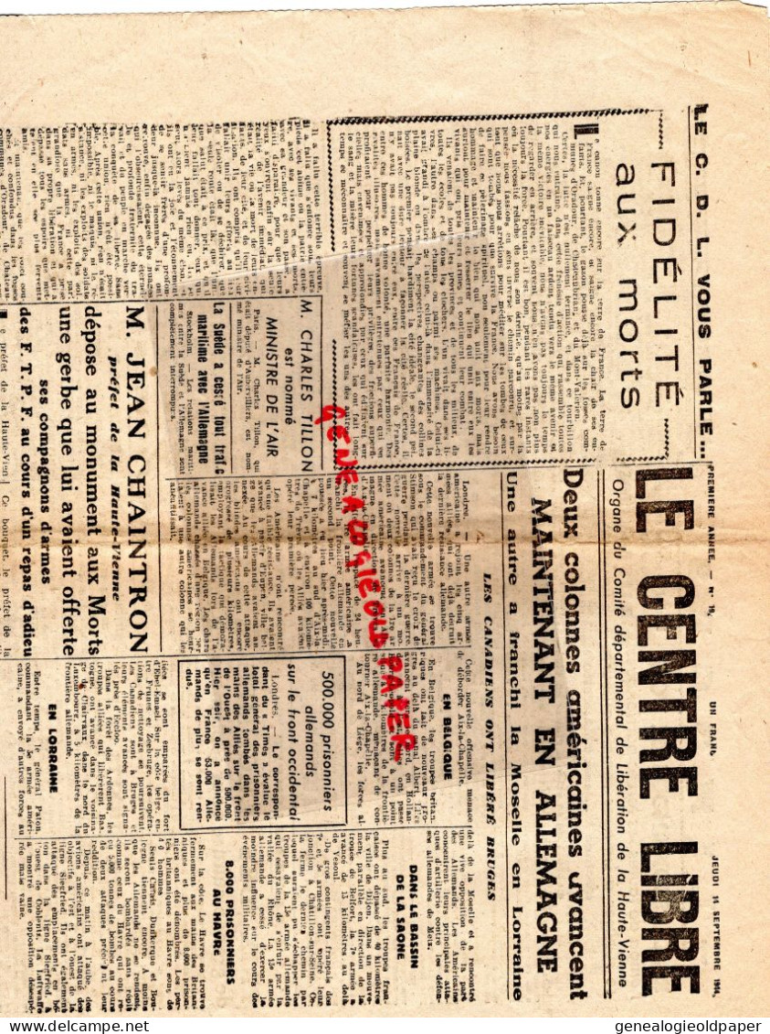 LIMOGES-GUERRE 1939-45- WW2-LE CENTRE LIBRE-14 -9-1944-RESISTANCE-FFI-LIBERATION-ADRIEN TEXIER-LOMZA-JEAN CHAINTRON - Historische Dokumente