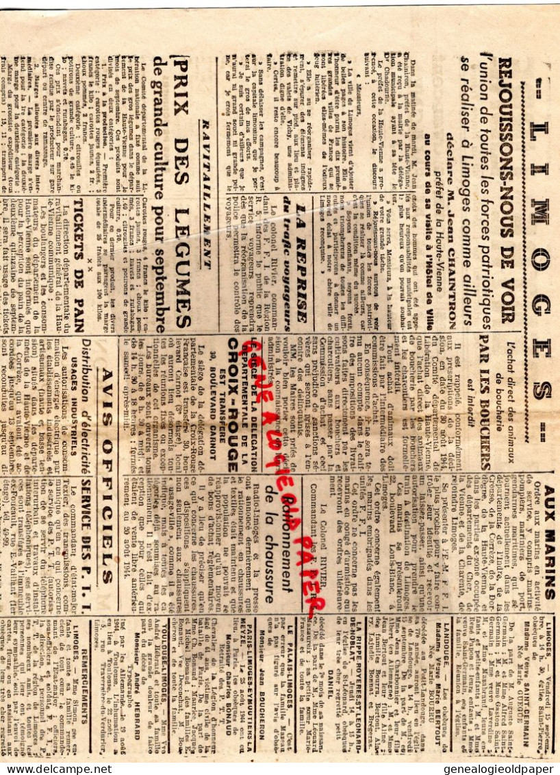 LIMOGES-GUERRE 1939-45- WW2-LE CENTRE LIBRE-14 -9-1944-RESISTANCE-FFI-LIBERATION-ADRIEN TEXIER-LOMZA-JEAN CHAINTRON - Historische Dokumente