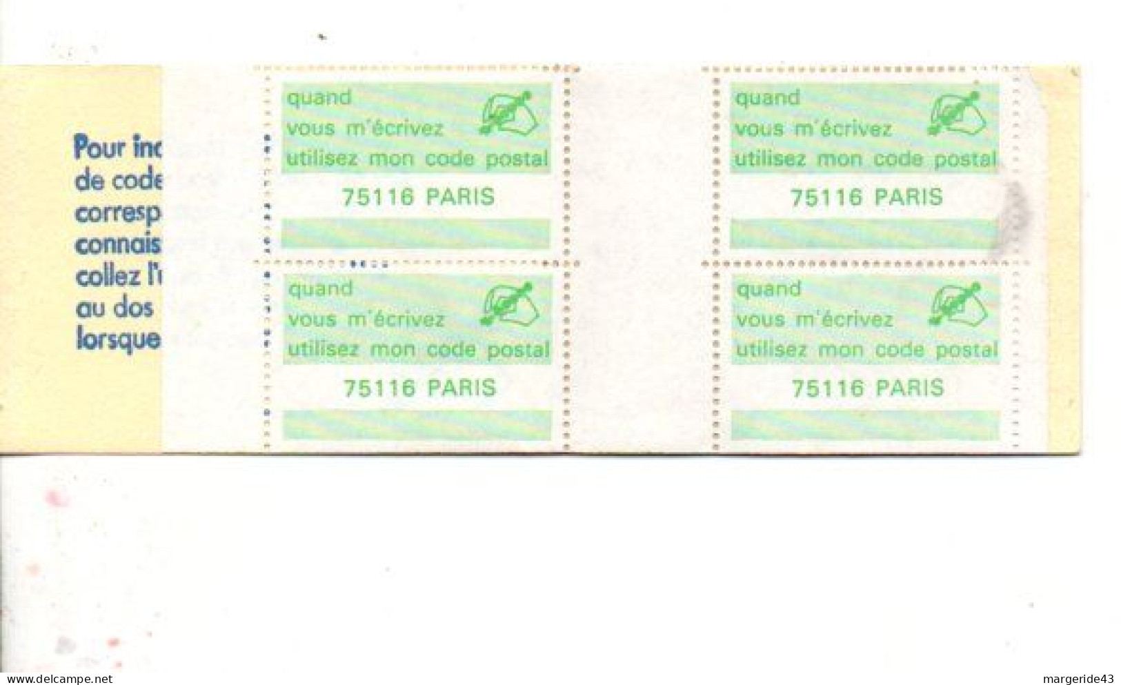 CARNET CODE POSTAL - 75116 PARIS VERT - Blocks Und Markenheftchen