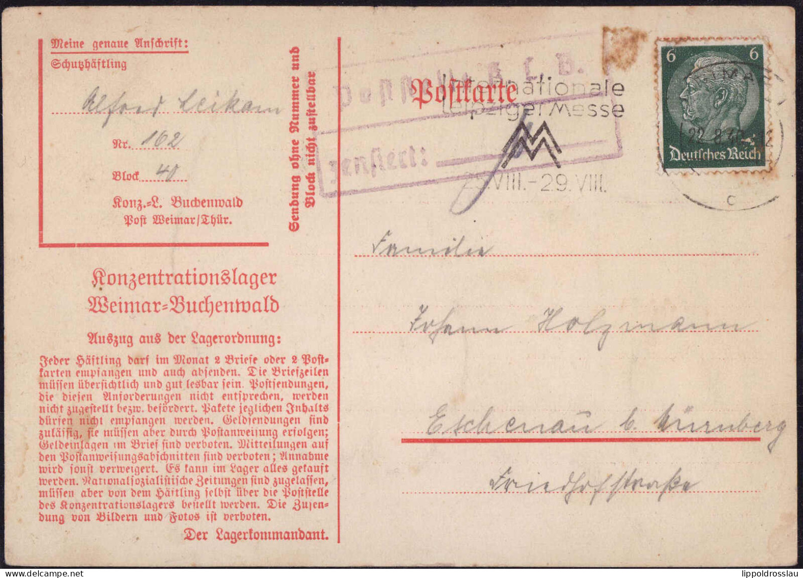 Gest. KZ-Post Weimar-Buchenwald 1940 Nach Eschenau - Andere & Zonder Classificatie