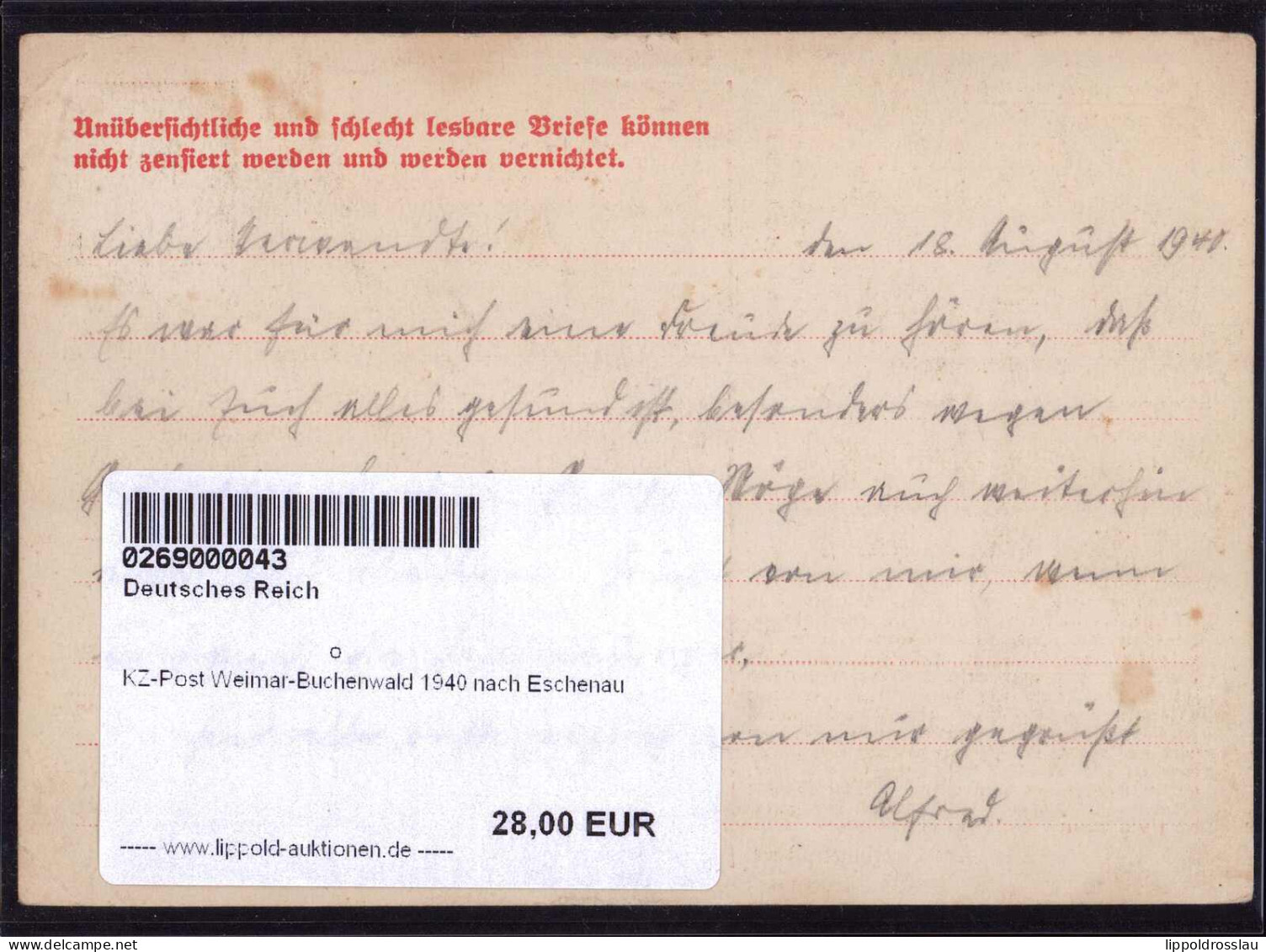 Gest. KZ-Post Weimar-Buchenwald 1940 Nach Eschenau - Otros & Sin Clasificación