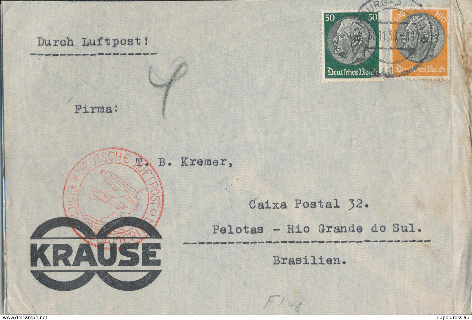 Brief Firma Krause Hamburg Nach Brasilien Mit Deutsche Liuftpost Europa-Südamerika 1939 - Sonstige & Ohne Zuordnung