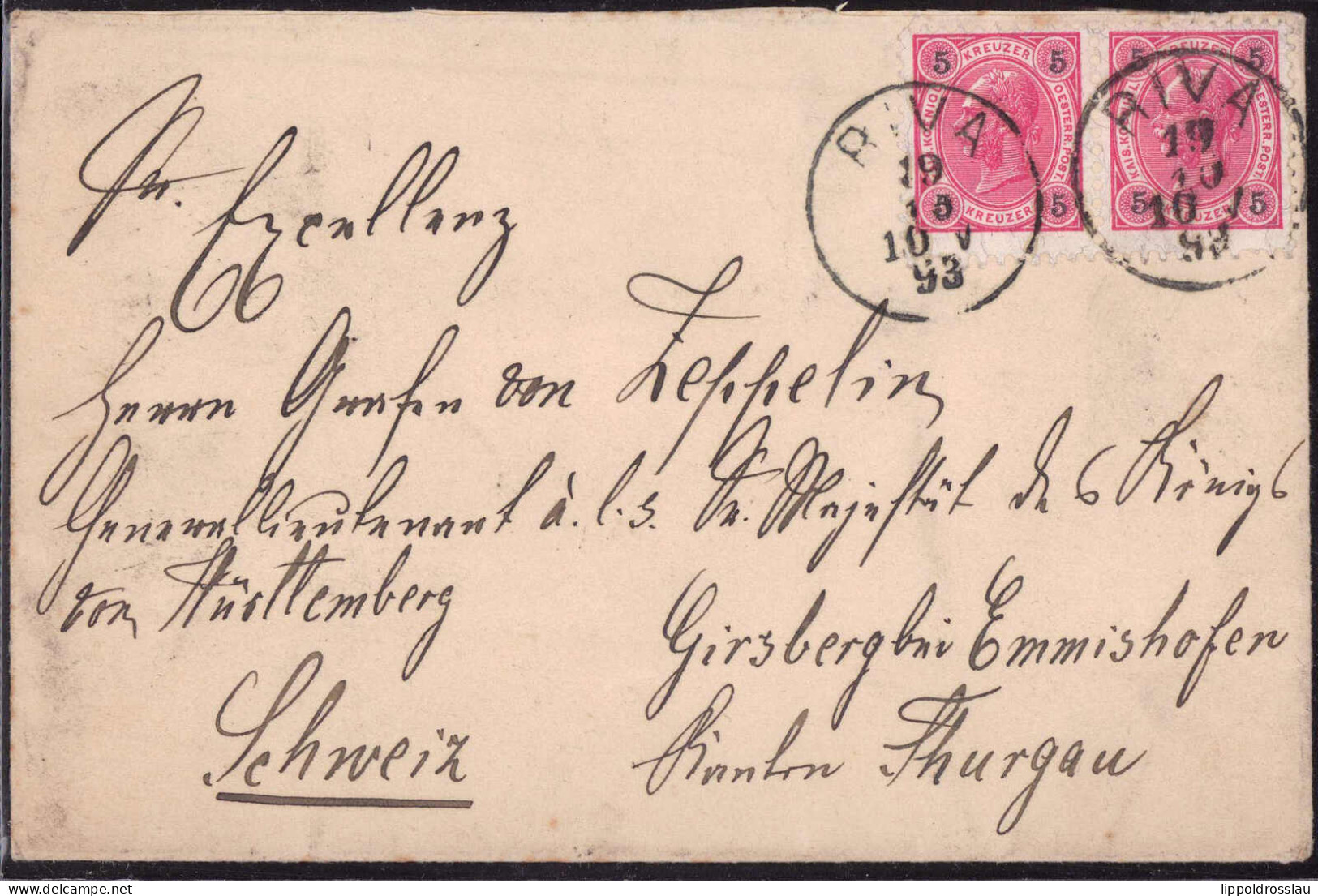 Briefumschlag Aus Riva 1893 Adressiert An Graf Ferdinand Zeppelin In Schloß Girsberg Thurgau - Otros & Sin Clasificación