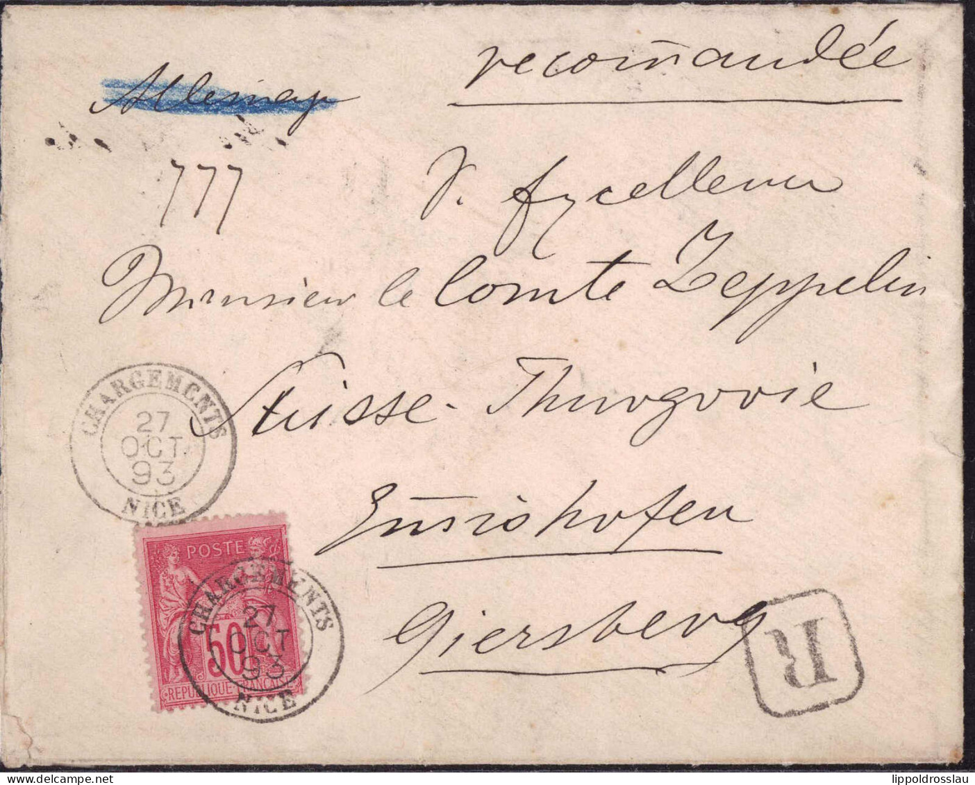R-Briefumschlag Aus Frankreich 1893 Adressiert An Graf Ferdinand Zeppelin In Schloß Girsberg Thurgau - Otros & Sin Clasificación