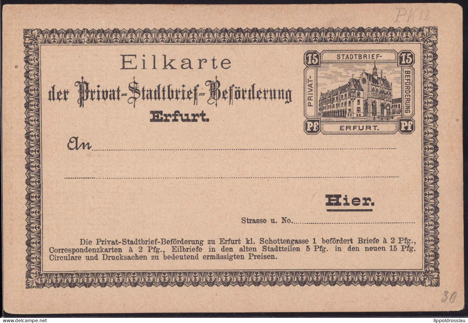 * Erfurt Stadtpostkarte Eilkarte 15 Pfg - Sonstige & Ohne Zuordnung