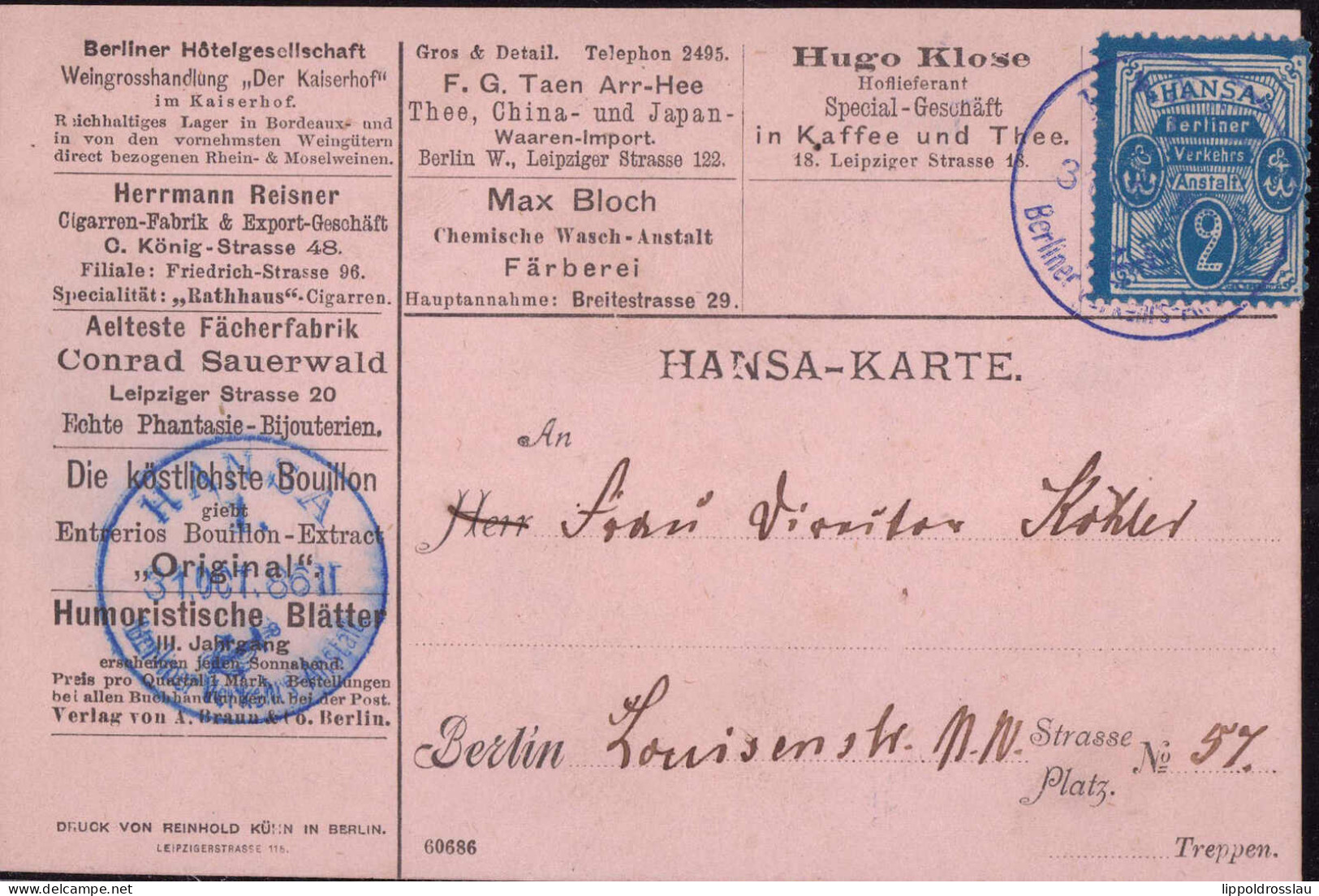 Gest. Stadtpost Hansa Berlin Mit Firmenwerbung 1886 - Autres & Non Classés