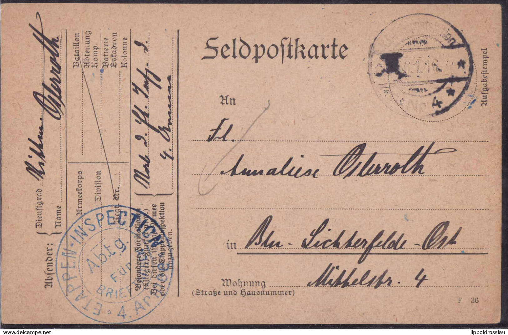 Gest. Feldpost WK I Etappeninspektion 4. Armee, Brieftaubenpost 1916 - Sonstige & Ohne Zuordnung