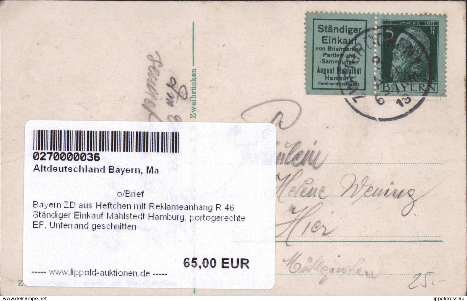 Gest., Brief Bayern ZD Aus Heftchen Mit Reklameanhang R 46 Ständiger Einkauf Mahlstedt Hamburg, Portogerechte EF, Unterr - Other & Unclassified
