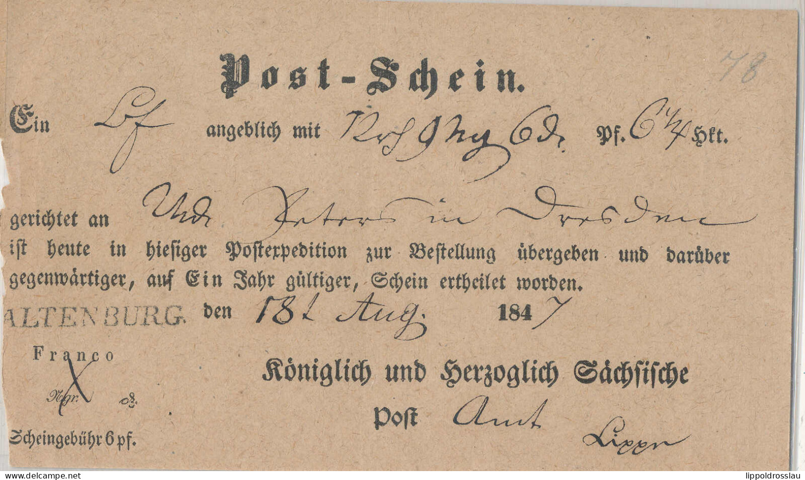 Gest. Postschein Altenburg 1847 - Sonstige & Ohne Zuordnung