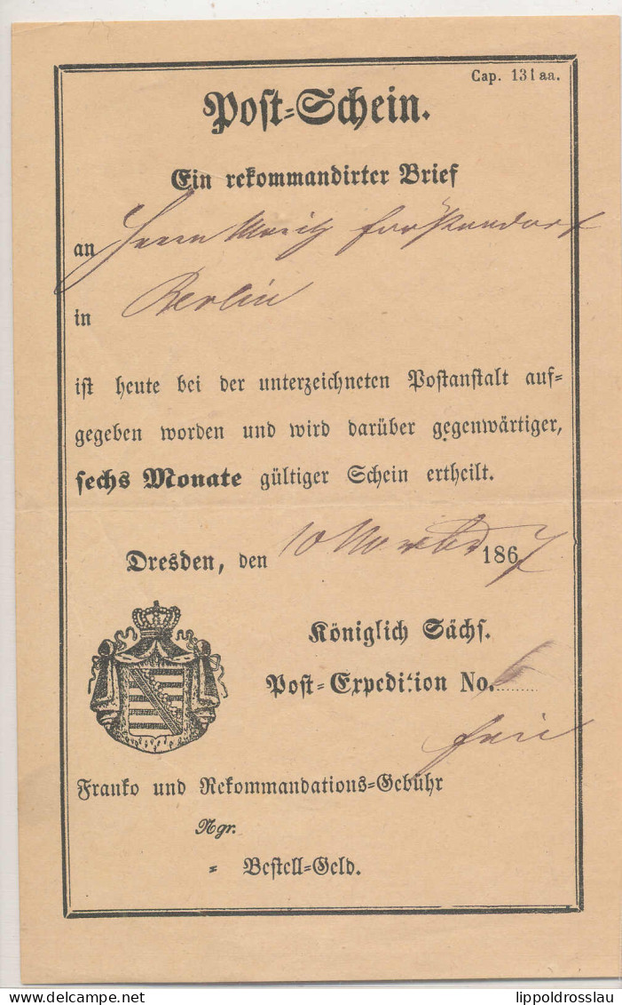 Gest. Postschein Dresden 1867 - Sonstige & Ohne Zuordnung