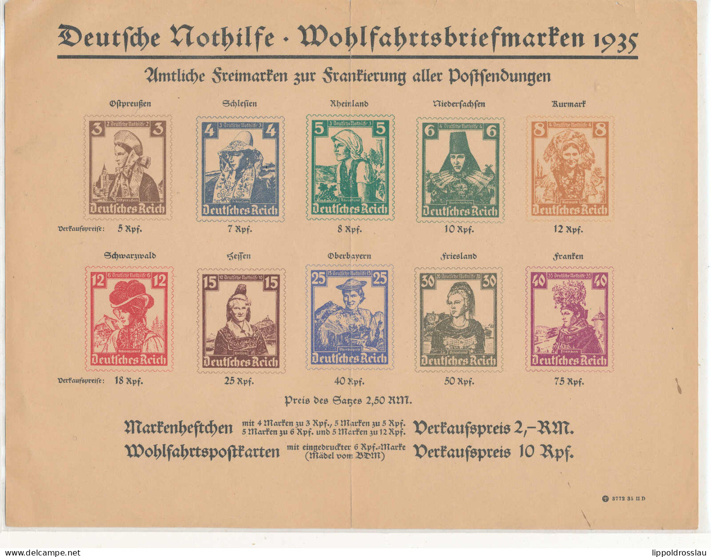 Wohlfahrtsmarken-Ankündigungsblatt 1935, Senkrechter Knick - Autres & Non Classés