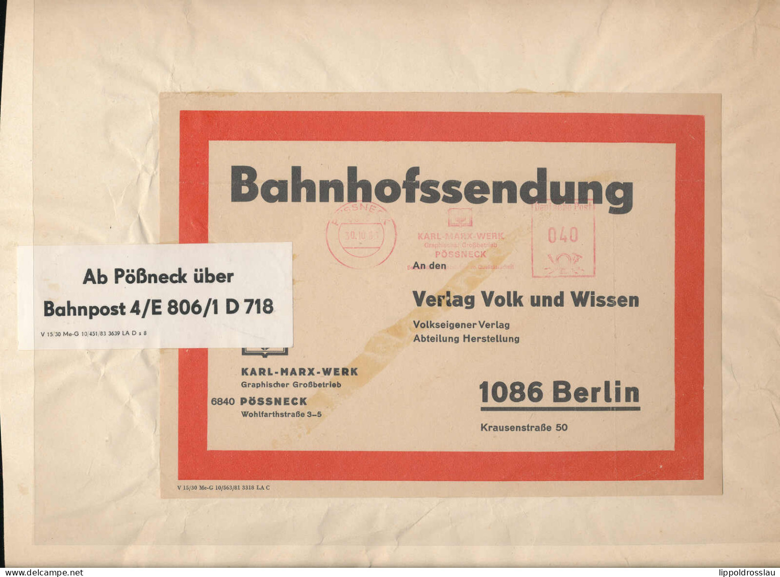 Bahnhofssendung Pößneck Berlin 1988 - Sonstige & Ohne Zuordnung