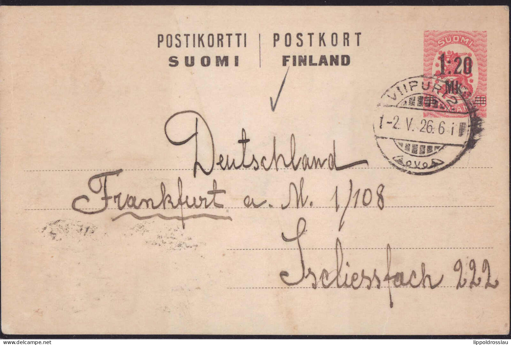 Gest. Finnland GSK P 60 Als Auslandskarte Gelaufen 1926 Nach Frankfurt - Autres & Non Classés