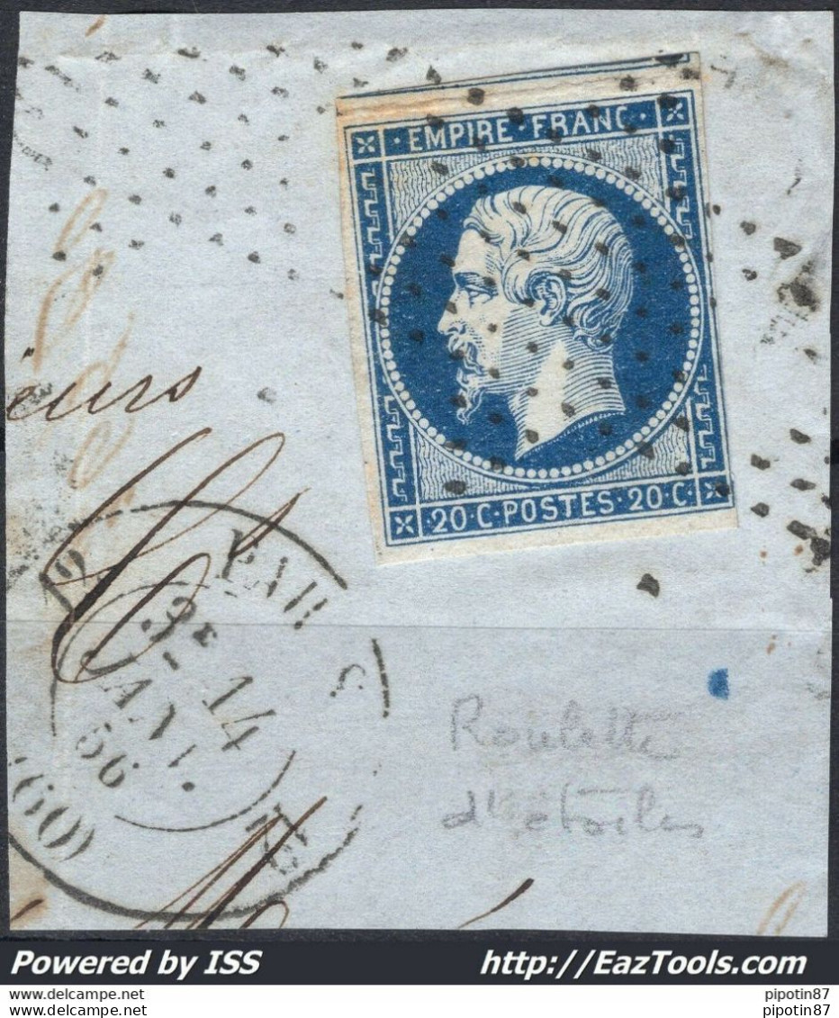 FRANCE EMPIRE 20c BLEU TYPE I N°14A CACHET ROULETTE D'ETOILES SUR FRAGMENT - 1853-1860 Napoléon III