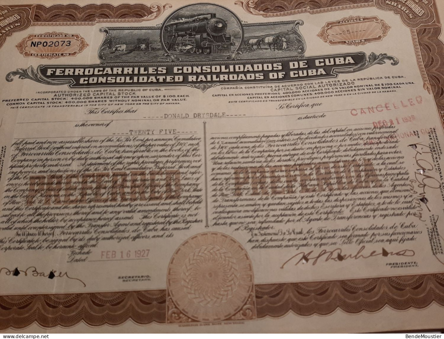 Ferrocarriles Consolidados De Cuba - Consilated Railroads Of Cuba -  25 Shares 16 Feb 1927. - Railway & Tramway