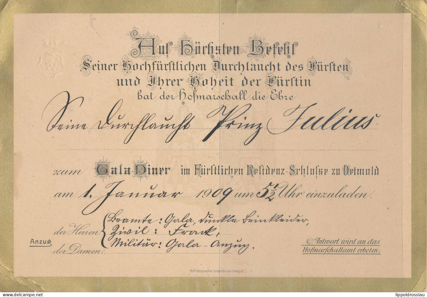 Einladungsbefehl Des Fürstlichen Paares Zu Detmold An Den Prinzen Julius Zur Lippe Uim Gala-Dinner 1909 Mit Orig Briefum - Non Classés