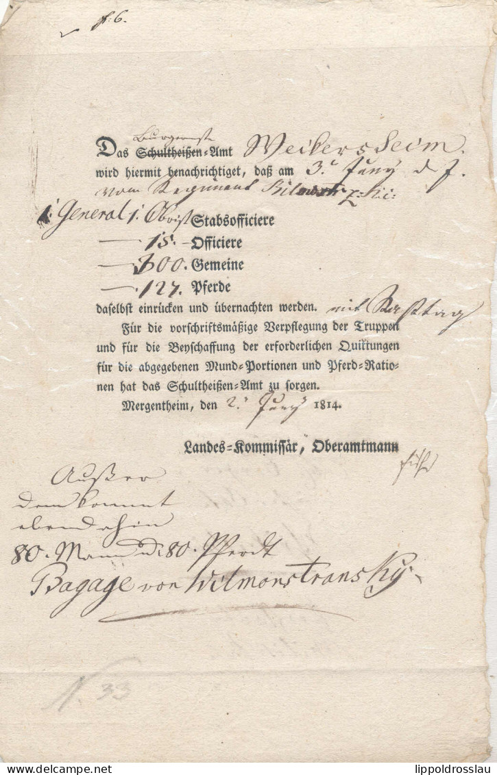 Mergentheim Amtliches Schreiben über Die Einquartierung Von Armeeangehörigen 2. Juni 1814 - Zonder Classificatie