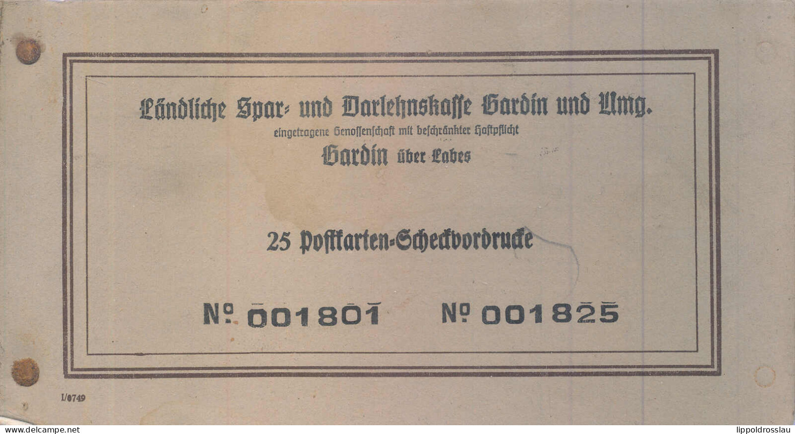 25 Stck. Postkarten Scheck-Vordrucke Ländliche Spar-und Darlehnskasse Gardin Und Umgebung, Gardin über Labes - Unclassified