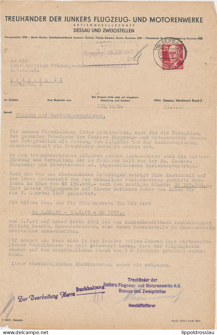 Dessau, Schriftstück Treuhänder Der Junkers Flugzeug-und Motorenwerke AG Wegen Tilgung Von Werkträgerdarlehen 25.6.1949 - Non Classés