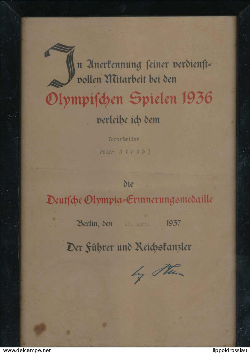 Verleihungsurkunde Deutsche Olympia-Erinnerungsmedaille, Berlin 1937, Alt Gerahmt - Zonder Classificatie