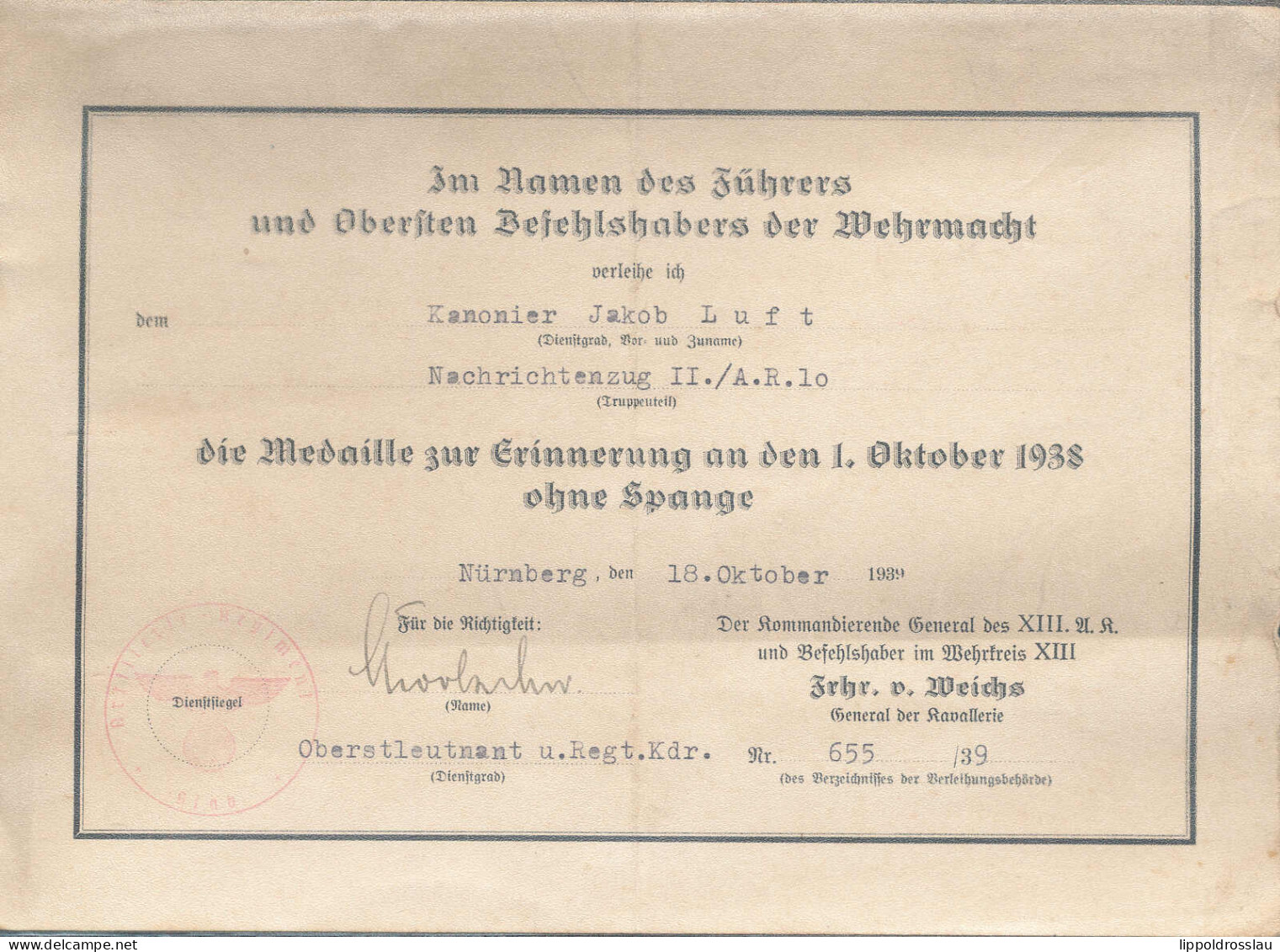 Verleihungsurkunde Erinenrungsmedaille 1. Oktober 1938 Ohne Spange, Nürnberg 1939 - Non Classés