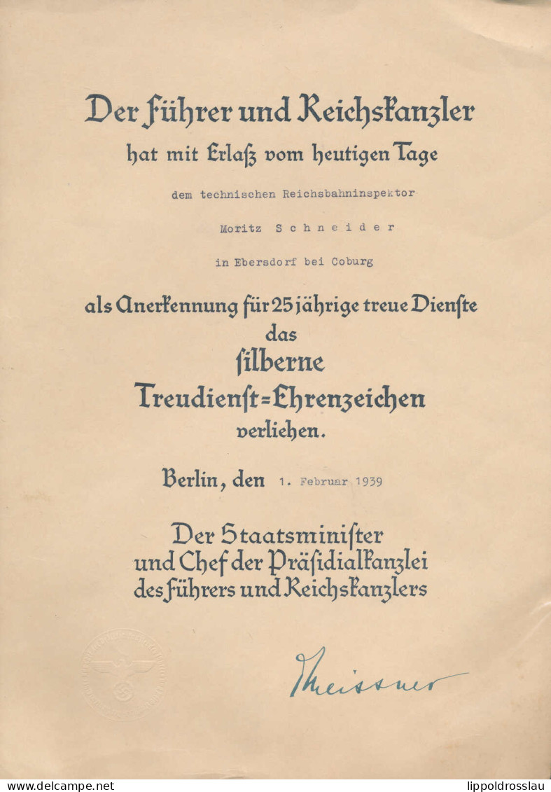Verleihungsurkunde Treudienstehrenzeichen Berlin 1939 - Zonder Classificatie