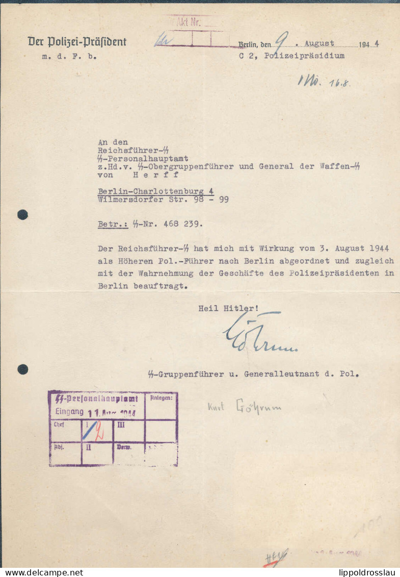 Schreiben Des SS-Gruppenführers Und Generalleutnamt Der Polizei Kurt Göhrmann An Reichsführer SS, Orig. Autograph 1944 - Zonder Classificatie