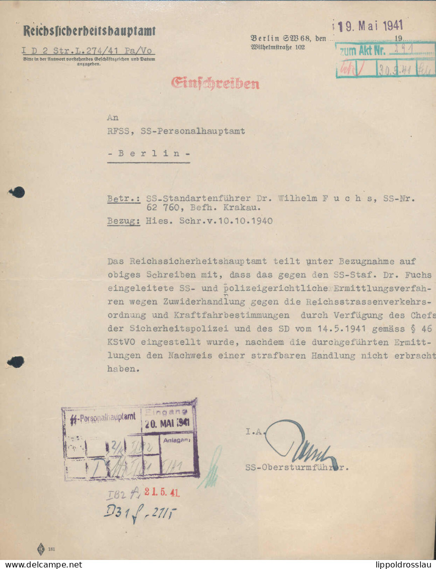 Schreiben Des Reichssicherheitshauptamtes Zur Einstellung Einer Ernittlung Gegen SS-Staf. Dr. Fuchs 1941, Autograph SS-O - Non Classés