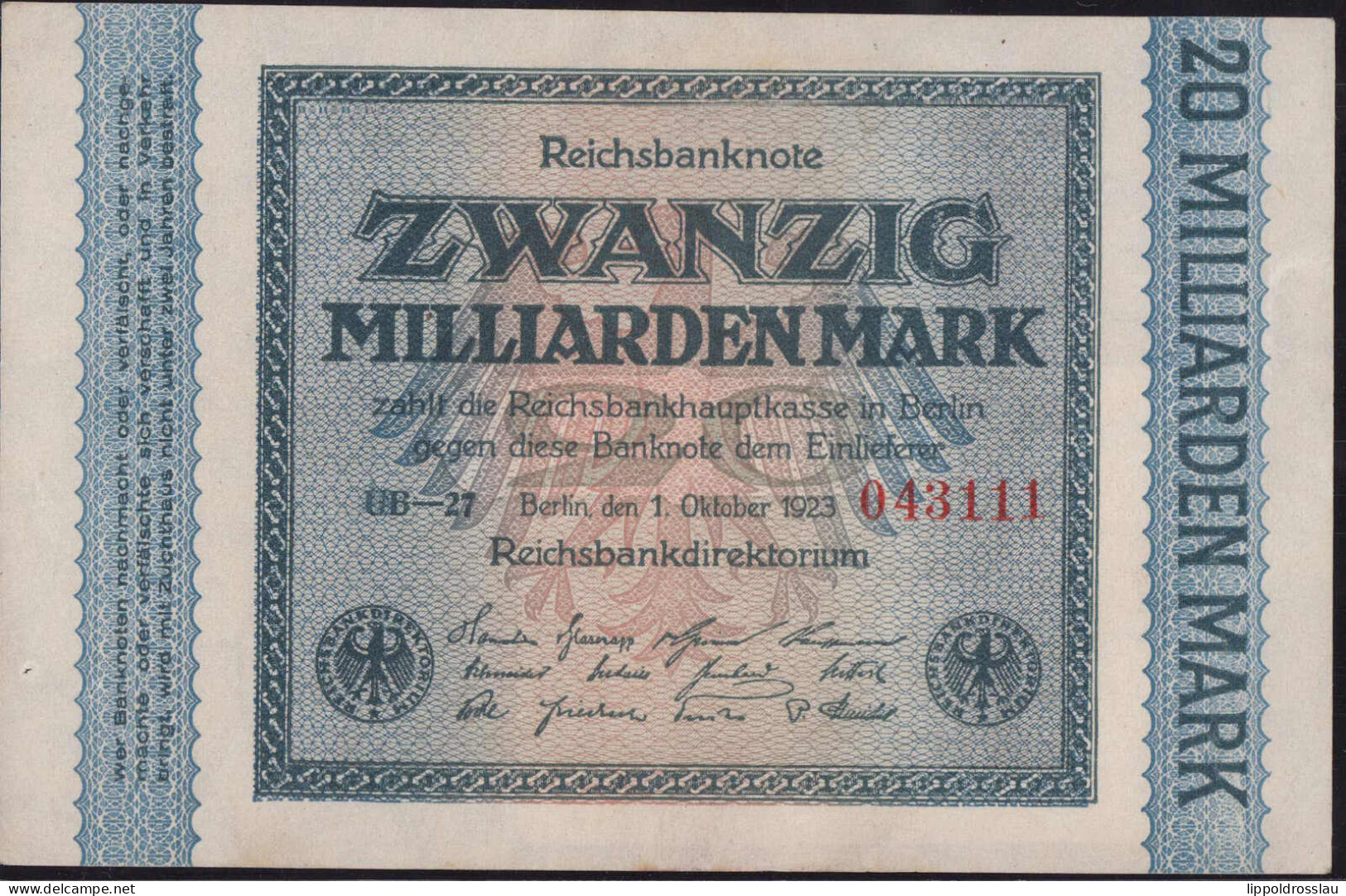 DR 20 Millarden Mark 1923 Rosenberg 115 B Erh. I - Sonstige & Ohne Zuordnung