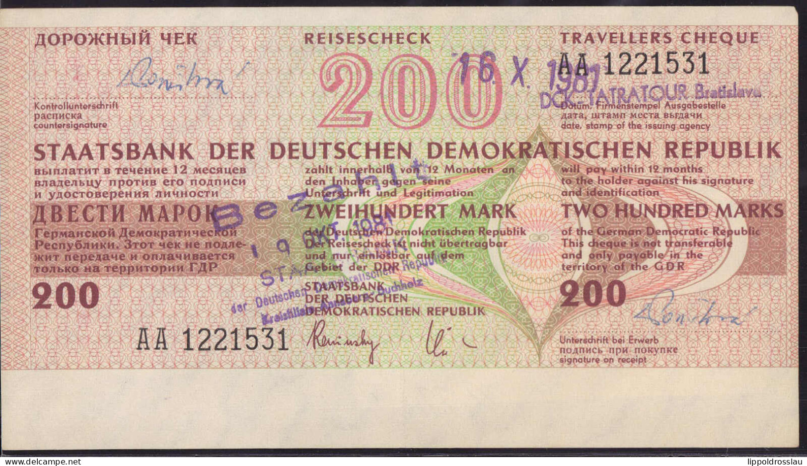 DDR Travelerscheck 200 Mark 1981, Erh. II - Otros & Sin Clasificación