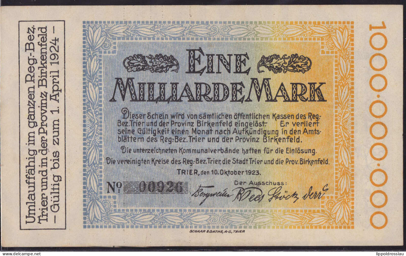 Trier Eine Milliarde Mark 10.10.1923, Keller 5229 L, Erh. I - Autres & Non Classés