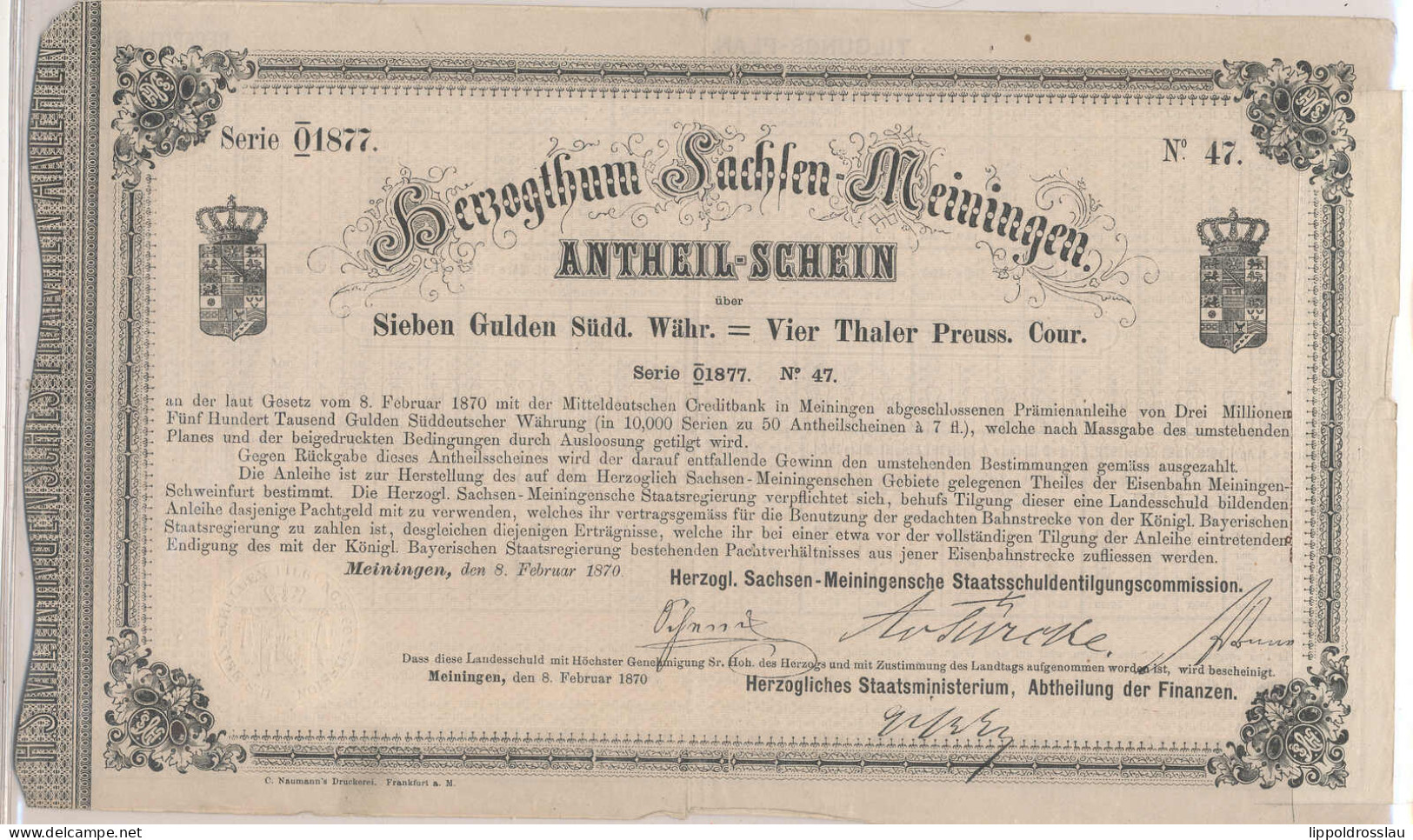 Meiningen, Anteilsschein über Sieben Gulden = 4 Thaler, 8. Febr. 1870 Serie 01877 No. 47, Nicht Entwertet! Nur 14 Exempl - Sonstige & Ohne Zuordnung