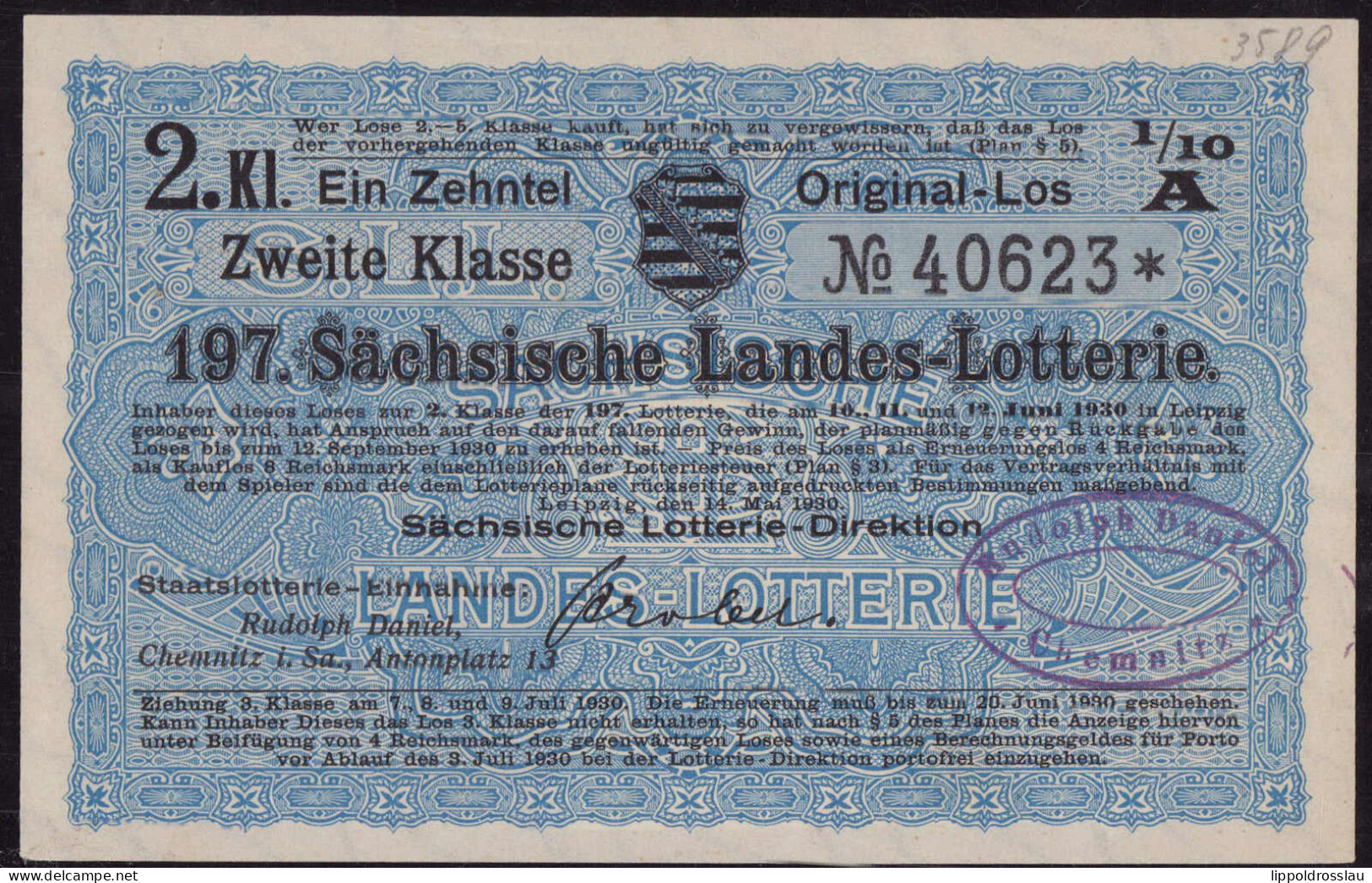1/10 Los 197. Sächsische Landeslotterie Chemnitz 1930 - Otros & Sin Clasificación