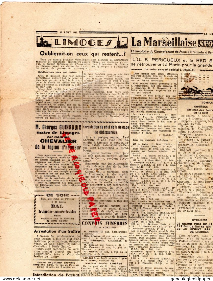 LIMOGES-GUERRE 1939-45- WW2-LA MARSEILLAISE DU CENTRE-16 AOUT 1945-JAPON CAPITULE HIRO HITO-PETAIN-TRUMAN-ATTLEE-STALINE - Documents Historiques