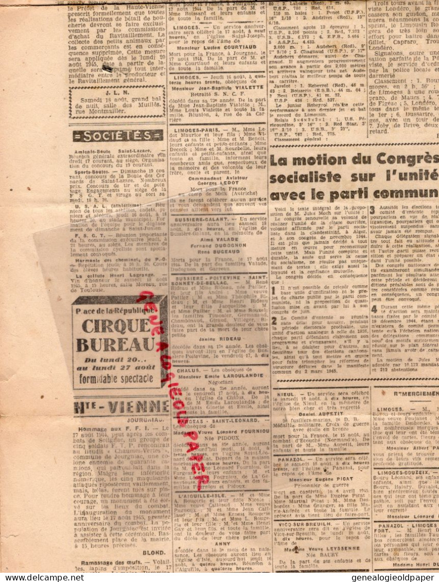 LIMOGES-GUERRE 1939-45- WW2-LA MARSEILLAISE DU CENTRE-16 AOUT 1945-JAPON CAPITULE HIRO HITO-PETAIN-TRUMAN-ATTLEE-STALINE