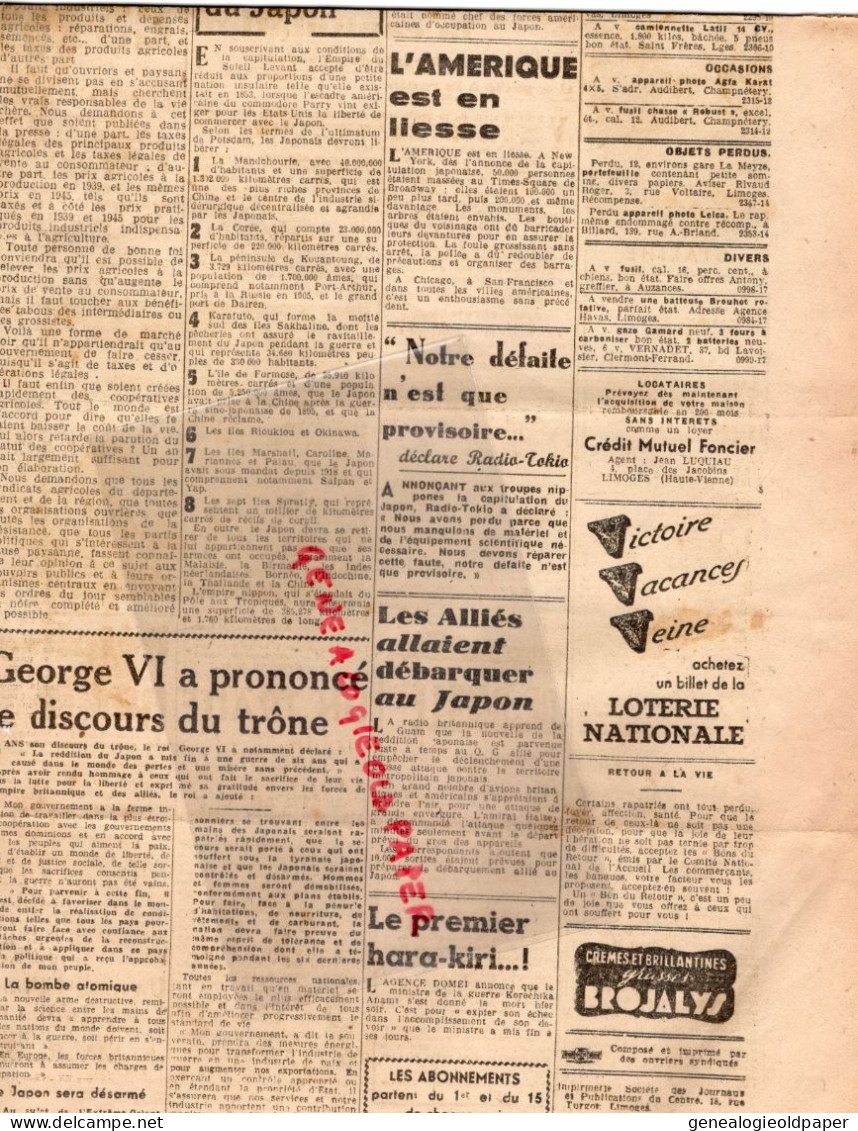 LIMOGES-GUERRE 1939-45- WW2-LA MARSEILLAISE DU CENTRE-16 AOUT 1945-JAPON CAPITULE HIRO HITO-PETAIN-TRUMAN-ATTLEE-STALINE